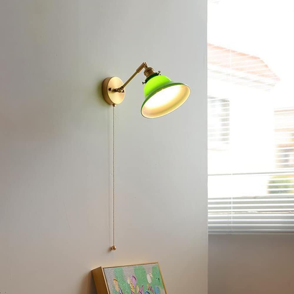 JKJZSALJ Wall Lamps Sconces Wall Sconce with Pull Cord Green Glass Wall Lamp Vintage Copper Wall Light, Antique Wall Mount Reading Lighting Fixture Bedroom Bedside Sconces Living Room