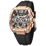 LIGE Men's Watch Skeleton Tonneau Square Chronograph Stainless Steel Quartz Analog Watches Waterproof Luminous Date Silicone Strap Durable Fashion Casual Business Dress Wrist Watch