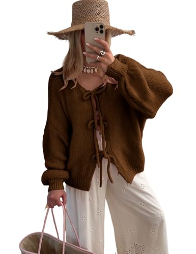 Image of SKIKYAN Women Bowtie Oversized Knit Sweater Cardigan Y2K Long Sleeve V Neck Open Front Casual Knitwears