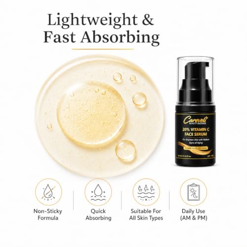 Image of 20% Vitamin C Face Serum with 5% Niacinamide, 1% Hyaluronic Acid, 0.5% Ferulic Acid & 0.1% Vitamin E | Advanced Brightening Serum for Glowing Skin, Dark Spots Appearance, Uneven Tone, Fine Lines & Radiance | 10 ml
