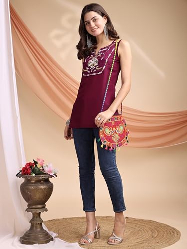 Image of EthnicJunction Women's Bottle Green Cotton Silk Yoke Embroidery Shoulder Strpe Straight Short Kurti | Regular Fit Kurti |Navratri speical Kurti