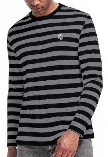 Image of KESIHAN Men's Casual Striped Shirts Crewneck Long Sleeve Basic T-Shirt Basic Daily Work Stripe Tee Tops