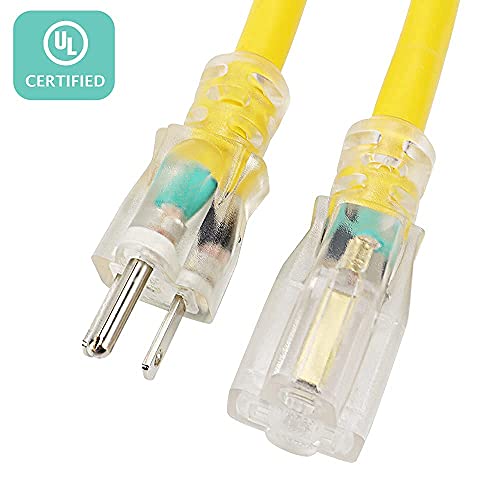 Ep 10 Ft Lighted Outdoor Extension Cord - 12/3 Sjtw Heavy Duty Yellow Extension Cable With 3 Prong Grounded Plug - 15Amp Power Cord For Lawn, Garden, Appliances #TOP6