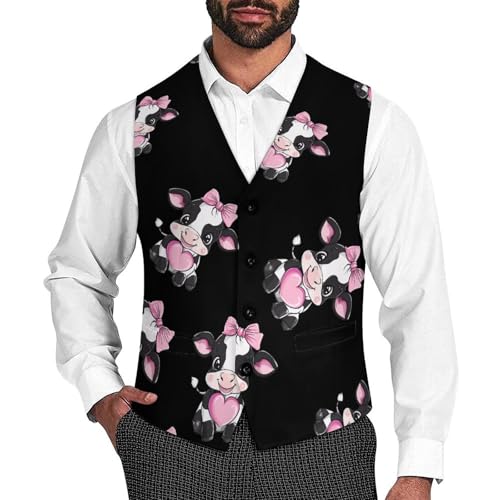 Black & White Cow Holding Heart Mens Slim Fit Suit Vest Dress Waistcoat Casual Business Vest