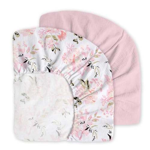 Image of Little Grape Land Muslin Crib Sheets Fitted for Girls 2 Pack, 100% Cotton Baby Bed Sheets Soft Breathable, Neutral Fitted Baby Mattress Sheets for Standard Crib, Floral