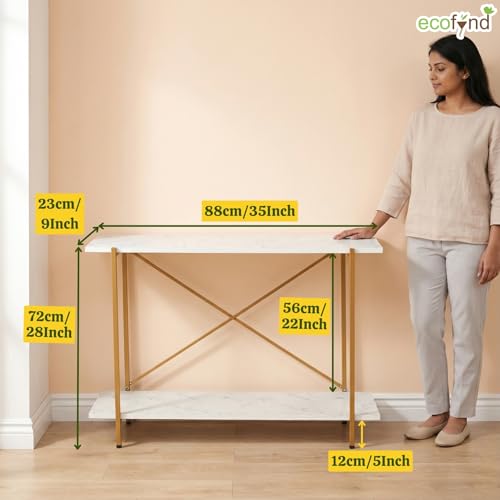 Image of ecofynd Elix Jr 35 Inch Console Table, Metal with Engineered Wooden top Long Narrow Hallway, Entryway, Living Room, Dining Room, Office, Home Side Table Storage Shelves, 35 inchX 9 inchX 28 inch (WHTGO, CT002)