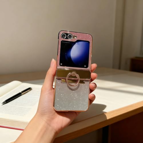 Coque Galaxy Z Flip 6 rose pailleté en PC et PU avec protection de charnière