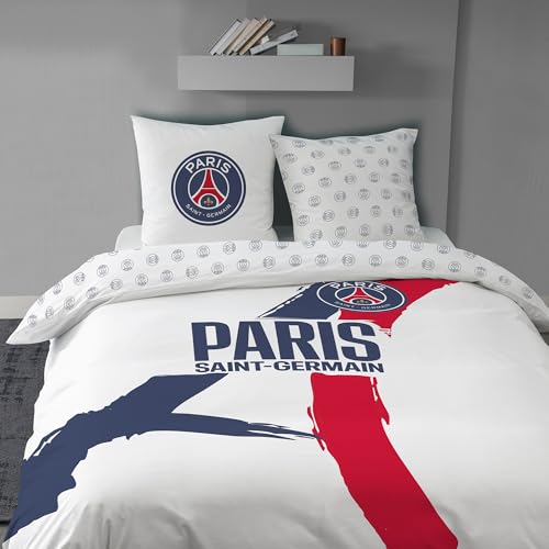 OMYDREAM PSG Tour Parure de lit Enfant 2 Personnes | Chambre Enfant | 100% Coton | Oeko-TEX | Housse de Couette + Taie(s) d'oreiller cm | Imprimé Réversible...