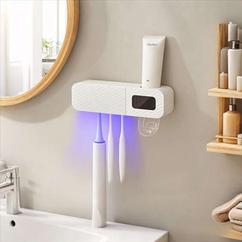 NeteHon Toothbrush Holders for Bathrooms, Automatic Toothpaste Dispenser, Bathroom Wall Mounted Toothbrush Holder?Equipped with 3 Slots (White)