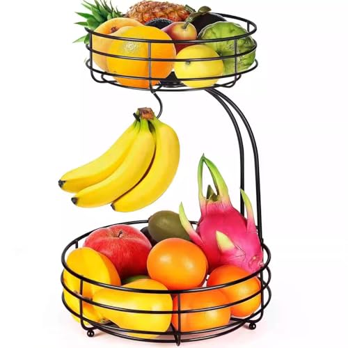La mejor selección de Fruteros disponible en línea. 43 Frutero de 2 niveles para encimera de cocina: Cesta metálica para verduras con colgador para plátanos: Gran capacidad de almacenamiento desmontable para comida y pan (Negro)