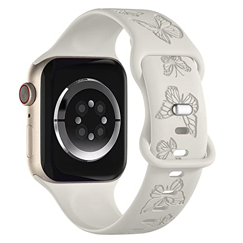 Image of Butterfly Engraved Bands Compatible with Apple Watch Band 41mm 40mm 38mm 49mm 46mm 49mm 46mm 45mm 44mm 42mm Women, Silicone Sport Strap for iWatch Series SE 10 9 8 7 6 5 4 3 2 1 SE Ultra