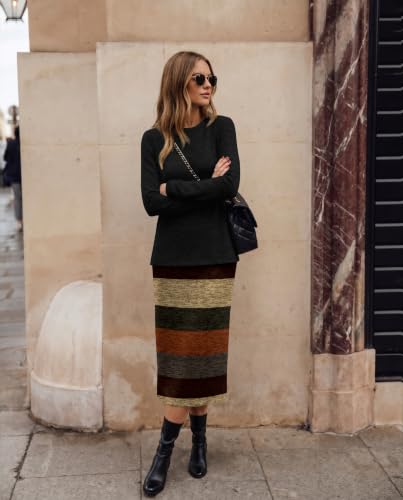 OFEEFAN Women 2 Piece Outfits Midi Skirt Set Fall Loungewear Black Stripe M | Long sleeve top matching skirt with pockets dressy casual, sweater dress set, lounge wear, fashion travel vacation clothing - image 5