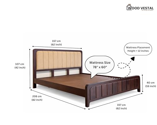 Image of Wood Vestal Sheesham Wood Bed with Upholstered Head & Vertical Slat Foot, Solid Wood in Walnut Finish, Modern Design | Queen Size -(78 inchx60 inch) Without Mattress & Side Tables | Low Hight | QVG - 5' - D