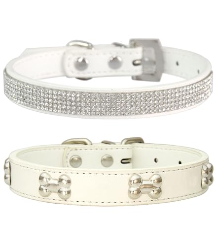 Suiecuor 2 Collari per Cani e Gatti di Piccola Taglia, Collare Cane con Strass e Decorazione in Osso, Pelle Sintetica, Regolabile, Bianco XS