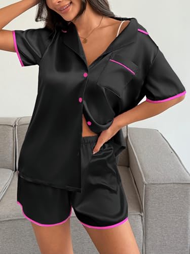 Image of Ekouaer Womens Satin Pajamas Set 2 piece Silky Buttton Down Short Pjs | Silk Notch Collar Top and Soft Shorts Lounge Set for Sleep, Daily Wear, Home, Wedding, Party