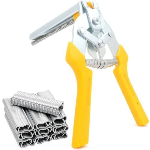 Image of Hog Ring Pliers Kit with 600 Pcs of Galvanized Steel Hog Rings, Hog Ring Chicken Duck Goose Dog Cat Rabbit Kit Clamp with Nail Groove, Repair Hand Tools for Animal Cages, Wire Fencing, Railing-Yellow