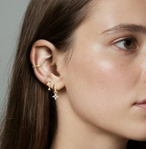 Gold Hoop Stud Earrings Stacks for Women,14K Gold Plated Chain Earring Sets,Hypoallergenic Drop Dangle Earrings for Women,20G Christmas Earring for Multiple Piercing3