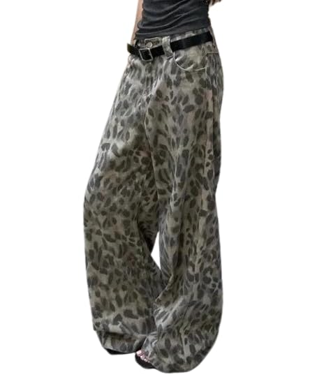Unisex Oversized Leopard Pants Women Baggy Y2k Vintage Trendy Loose Wide Leg Cheetah Print Jeans Streetwear