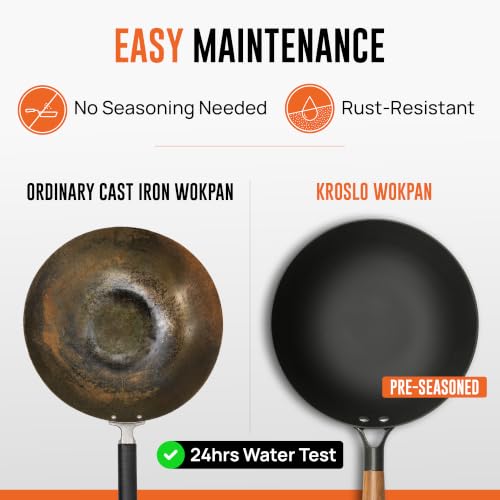 Image of KROSLO Lightweight Cast Iron Wok Pan 24 cm | 100% Non-Toxic | Naturally Non Stick | Rust Resistant | Metal Spatula Friendly | Baby Food Safe