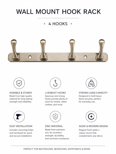 Image of ELUVIA Zinc Alloy 4 Hook Wall Hook Rail, Heavy Duty Wall Mounted Coat Hook for Clothes, Towels, Keys & Bags, Antique Brass Finish, Pack of 2, Bathroom Kitchen Bedroom Organizer