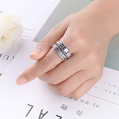 Metmejiao Engagement Rings for Women Bridal Set,18k Gold Plated Silver Princess Cut Cubic Zirconia Wedding Band Rings Sets, Promise Rings for Her Simulated Diamond Anniversary Rings Purple 7 - Image 5