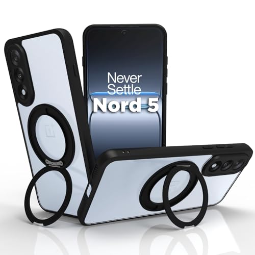 Image of RIGGEAR Shockproof Sleek Hybrid Armor 360 Rotating Magnetic Ring Stand Back Cover Case Compatible with MagSafe Accessories for OnePlus Nord 5 5G (Clear PC + Black TPU Bumper)