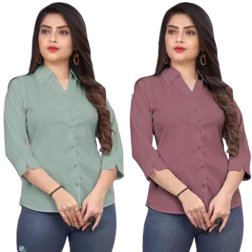 Image of Women's Solid Formal Shirt (Pack of 2)-Pink, Mint Green-1 P3