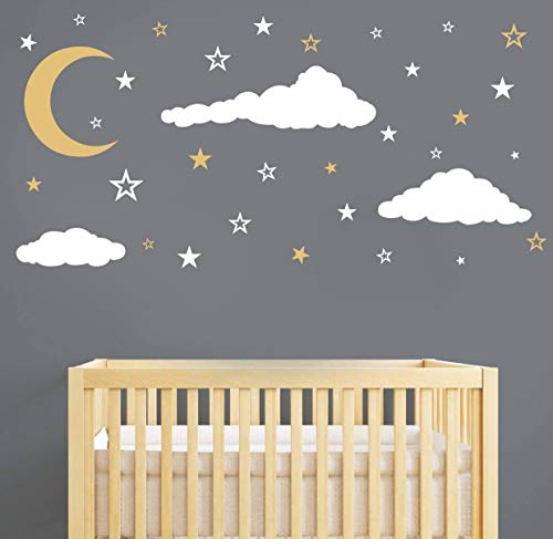 Moon, Stars And Clouds Wall Decals, Kids Wall Decoration, Nursery Wall Decal, Wall Decal For Nursery, Vinyl Wall Stickers For Children Baby Kids Boys Girls Bedroom Y08 (White,Gold) #TOP2