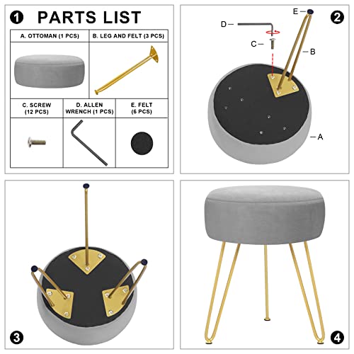 Gerant Multifunctional Vanity Stools - Velvet Round Ottoman Modern Dressing Stool -Upholstered Footrest Stool - Side Table Footstool  With Golden Metal Leg For Living Room, Bedroom (Gray) #TOP5