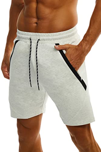 Ouber Men's 6" Gym Shorts Cotton Bodybuilding Shorts With Zipper Pocket Workout Athletic Jogger Shorts Grey White,M #TOP4