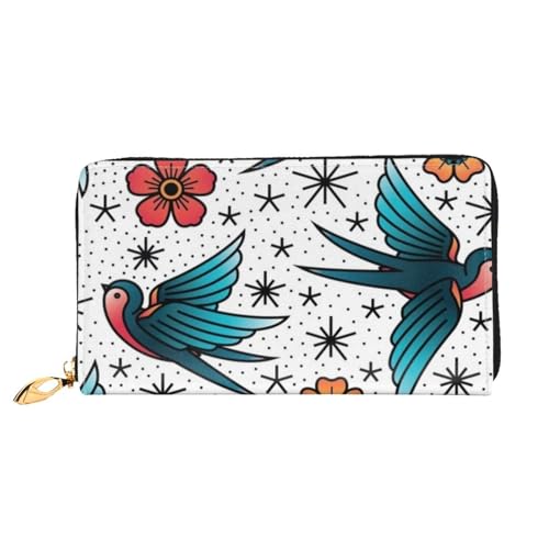 Leather Wallet For Women And Men Oldschool Tattoo Birds Flowers Clutch Purse Wristlet Bag Credit Card Holder Wallet
