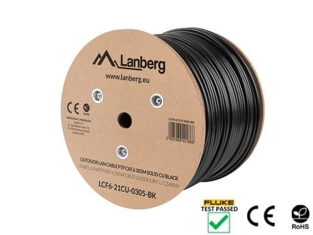 LANBERG BOBINA Câble réseau Ethernet CAT.6 extérieur FTP RJ45 SOLIDO COBRE TESTED AWG24 305M NEGRO