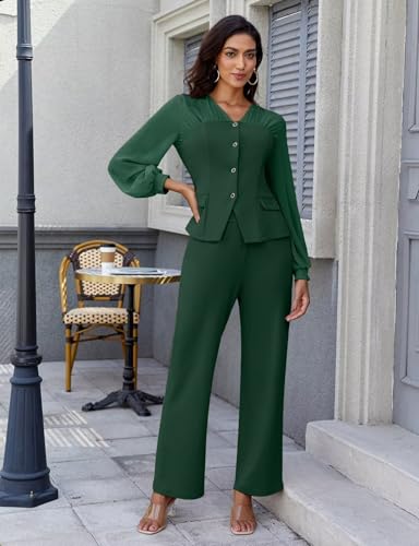 2 Piece Pant Suits for Women Dressy Business Casual Outfits Mesh Long Sleeve Blazer Straight Leg Pants Sets Office Work3