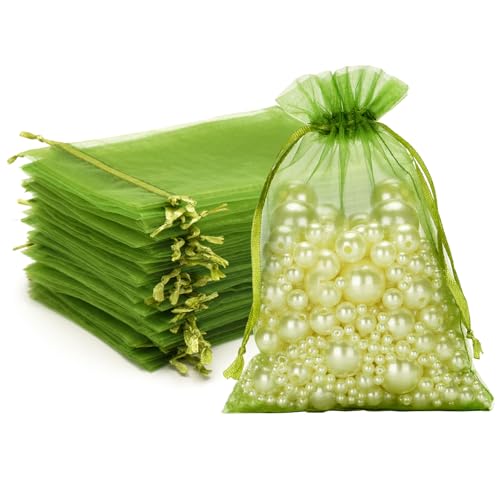 Image of G2PLUS Sage Green Organza Gift Pouches 10x15cm: 100 PCS Medium Favour Bags