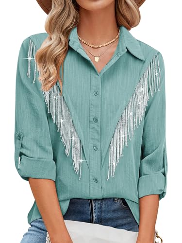 Image of MYMORE Womens Sparkly Fringe Shirt Western Cowgirl Country Concert Outfit