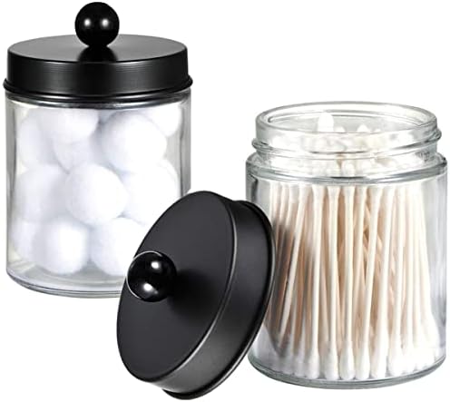 Apothecary Jars Bathroom Storage Organizer - Cute Qtip Dispenser Holder Vanity Canister Jar Glass with Lid for Cotton Swabs,Rounds,Bath Salts,Makeup Sponges,Hair Accessories/Black（2 PACK）