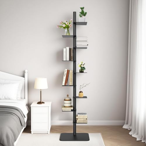 LXSEHN 9 Tier Metal Spine Bookshelf Tower, Adjustable Vertical Spine Book Tower Floor, Metal Vertical Bookshelf for Study Room,Living Room,Office,Bedroom (Black)
