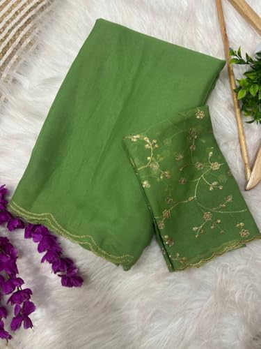 Image of Chinon Silk Saree with Embroidered Blouse, Traditional Georgette Saree, Elephant Embroidery Pattern, V-Neck Design, Free Size, Festival Wear