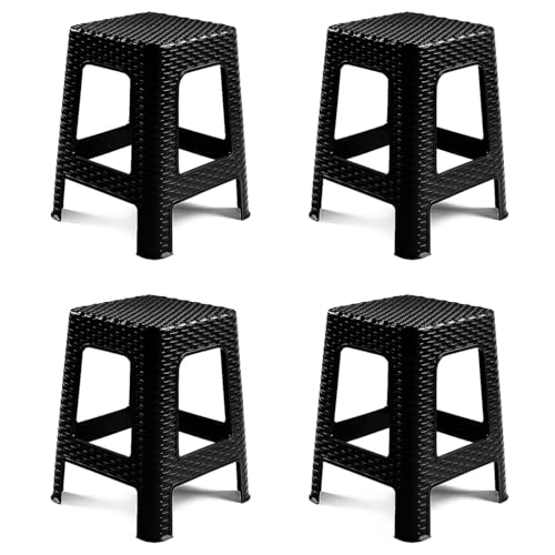 AC   Pack de 4 Taburetes Rattan de plástico   Fabricado en España   Diseño Efecto Mimbre hogar o el Trabajo   45 x 36 x 36 cm   Color Negro