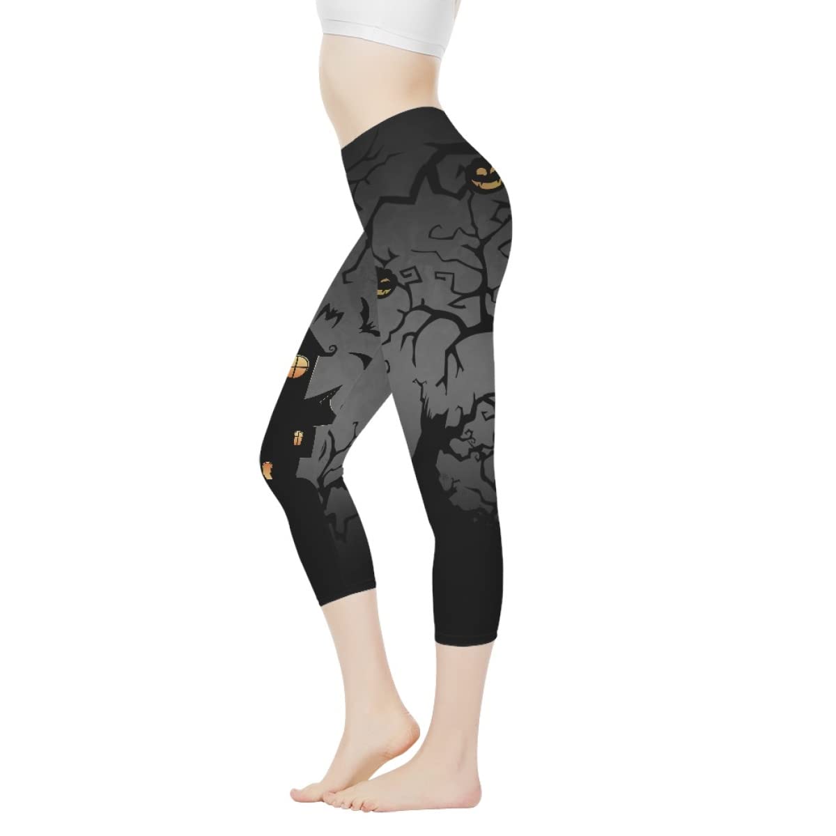 ENLACHIC Women's Halloween Print Stretchy Capris Yoga Pants High Waist Workout Leggings,Halloween Night,L