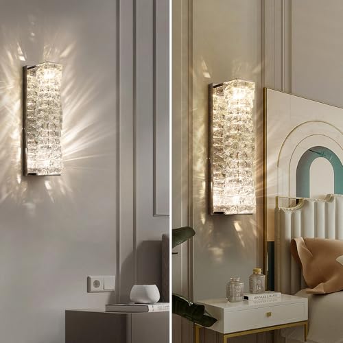 Image of LED Crystal Wall Sconce Silver Crystal Bathroom Vanity Light Fixtures with 3 Color Temperature, Indoor Dimmable Wall Mount Light for Bedroom Living Room,Set of 2