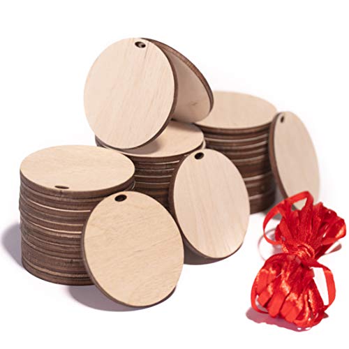 WoodenCrew 40pcs Wood Circles 2 inch, Wooden Discs 2 inch, 2 inch Circle, 2 inch Round Wood, 2 inch Wood Rounds, Wood Pendants, Disc Ornaments, Blank Tags with Hole, 2 inch Tags, Wooden tag