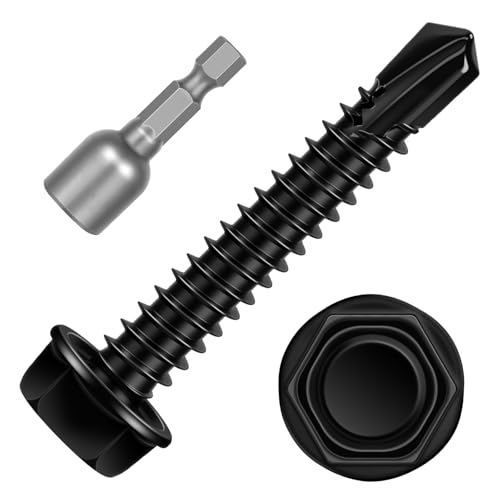 #12 x 1-1/2" Hex Washer Head Self Tapping Screws, TEK Screws, Self Drilling, Stainless Steel 410 Sheet Metal Screws, Black Finish, 50 PCS