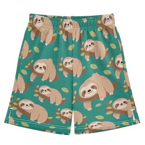 Cute Sloth Tree Branch Boys Active Basketball Shorts Lightweight Summer Sports Shorts with Pockets for Kids