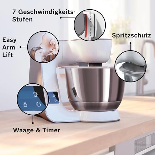 Bosch Küchenmaschine Serie 4, integrierte Waage, Mixer 1,25 L, Edelstahl-Schüssel 3,9 L, Profi-Knethaken, Schnee-, Silikonbesen, Durchlaufschnitzler, 4 Scheiben, 1000 W, weiß, MUM5XW20