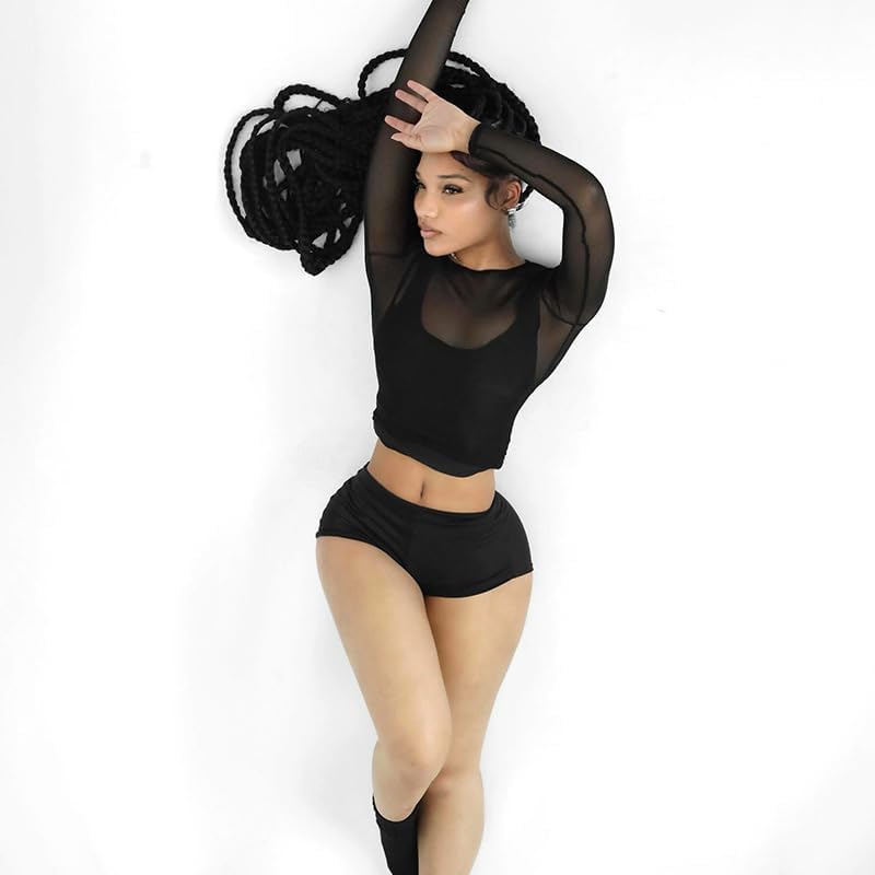 Womens Sexy 4 Piece Outfit Long Sleeve See Througe Vest Crop Top Solid Color Mini Shorts Sexy Club Party Sets - Image 3