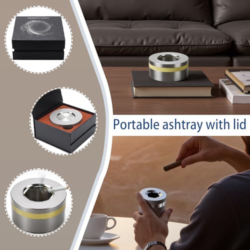 Image of Windproof Stainless Steel Smokeless Ashtray with Lid for Cigarettes Indoor- Rotating Switch Covered Design for Cigar,Home,Office & Outdoor (Silver Matte Short)