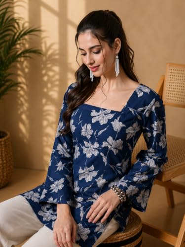 Image of Rayon Floral Print Short Kurti for Women | Square Neck Long Sleeve Top for Women | Criss Cross Back Desing Kurti | Soft Breathable Fabric | Relaxed Fit | Casual and Office Wear
