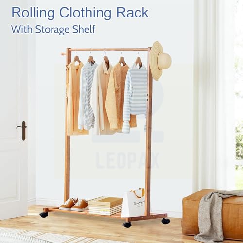 Image of LEOPAX Bamboo Rolling Coat Rack with 2 Side Hook Garment Rack with Shoe Storage Shelves for Entryway Living Room Bedroom Hallway - Do It Yourself - Beige Color - Size - (80 x 38 x 145cm)