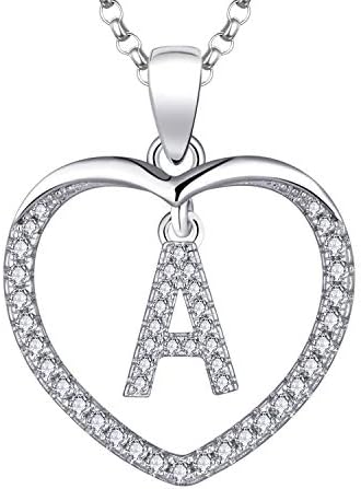 JO WISDOM Women Heart Necklace,925 Sterling Silver 26 Letters Alphabet Pendant Necklace with 3A Cubic Zirconia Personalized Jewellery Gift